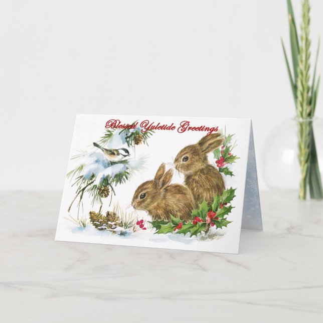 Yuletide Greetings Woodland Rabbits in Snow Holiday Card (Front)