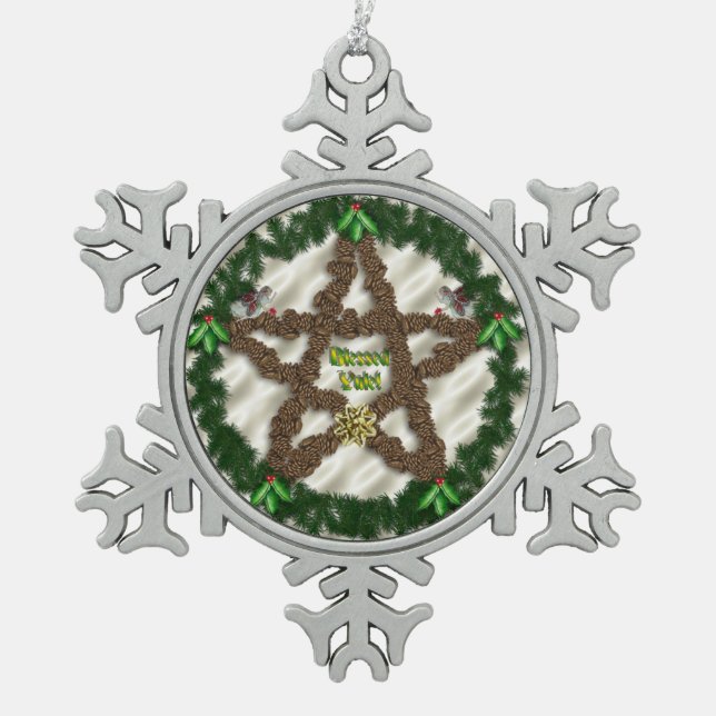 Yuletide Pentacle Snowflake Pewter Christmas Ornament (Front)