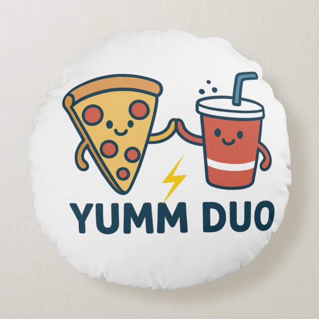 Yumm Duo Pizza and Soda Cute Cartoon Round Cushion (Front)
