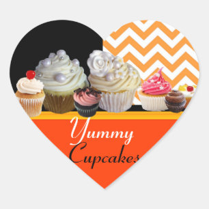 YUMMY BIRTHDAY CUPCAKES,ORANGE WHITE CHEVRON HEART HEART STICKER
