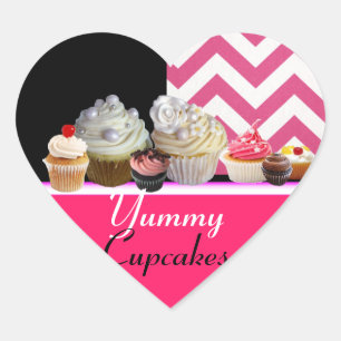 YUMMY BIRTHDAY CUPCAKES / PINK WHITE CHEVRON HEART HEART STICKER