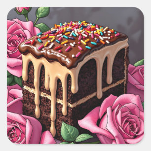 Yummy Chocolate Birthday Cake with Sprinkles Square Sticker