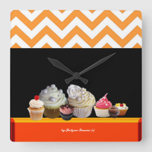 YUMMY COLORFUL CUPCAKES DESERT SHOP Orange Chevron Square Wall Clock