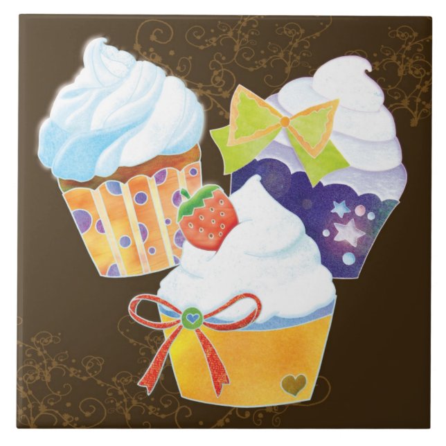 Yummy Cupcakes Chocolate Brown Kitchen TIles (Front)