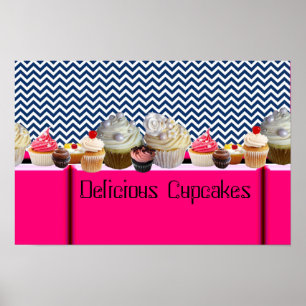 YUMMY CUPCAKES DESERT SHOP/ BLUE WHITE CHEVRON POSTER