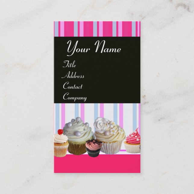 YUMMY CUPCAKES DESERT SHOP BLUE WHITE PINK STRIPES BUSINESS CARD (Front)