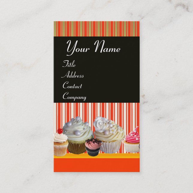 YUMMY CUPCAKES DESERT SHOP WHITE RED STRIPES BUSINESS CARD (Front)