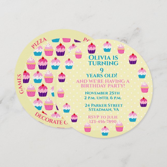 Yummy Cupcakes Round Kids Birthday Party  Invitation (Front/Back)