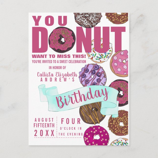 Yummy Cute Pink Teal Doughnuts Watercolor Birthday Invitation Postcard (Front)