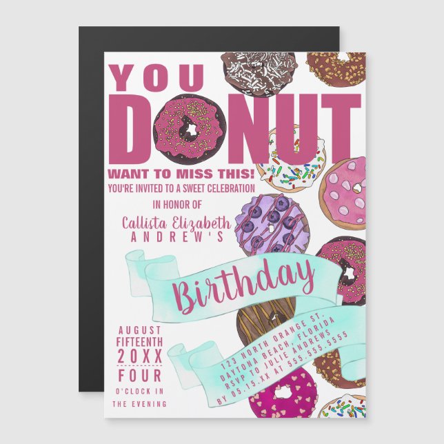 Yummy Cute Pink Teal Doughnuts Watercolor Birthday Magnetic Invitation (Front/Back)