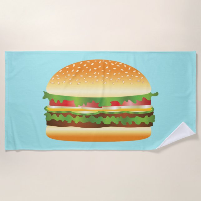 Yummy Hamburger Illustration On Blue Beach Towel (Front)