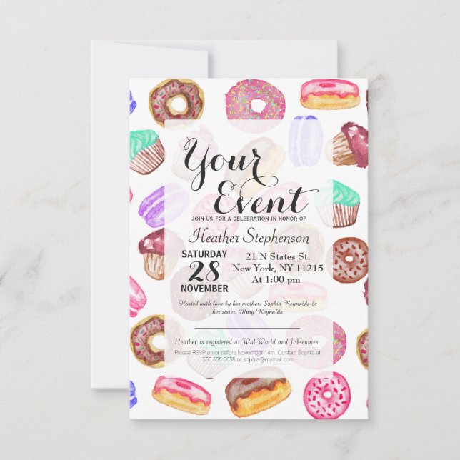 Yummy Hand Painted Watercolor Desserts Invitation (Front)