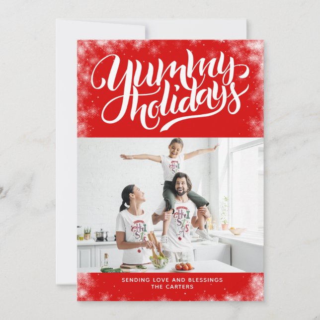 Yummy Holidays Red White Lettering Custom Photo Holiday Card (Front)