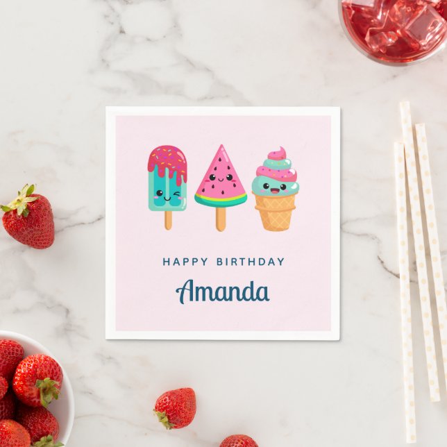 Yummy Ice Cream Trio Summer Vibe Birthday Napkin (Insitu)