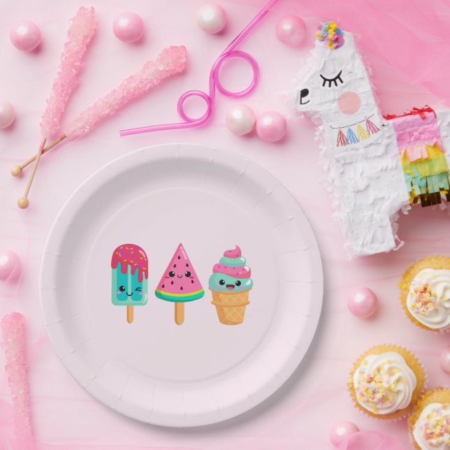 Yummy Ice Cream Trio Summer Vibe Birthday Paper Plate (Party)