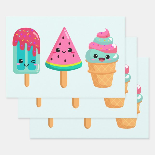Yummy Ice Cream Trio Summer Vibe Wrapping Paper Sheet (Set)