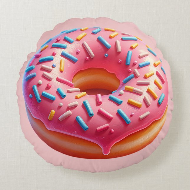 Yummy Pink Doughnut with Sprinkles Stickers Round Cushion (Front)