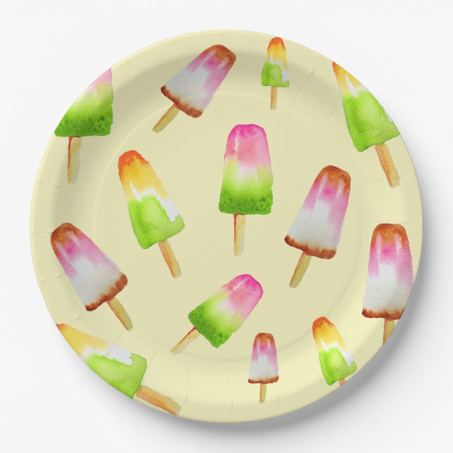 Yummy rainbow popsicle party paper plate (Front)