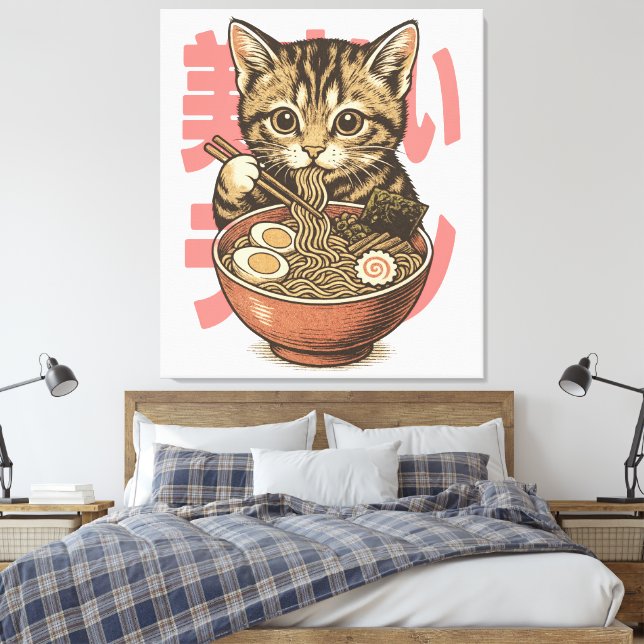 Yummy Ramen Kitten Canvas Print (Insitu(Bedroom))