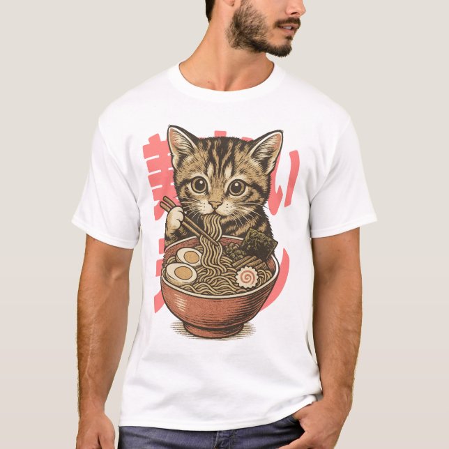Yummy Ramen Kitten White T-Shirt (Front)