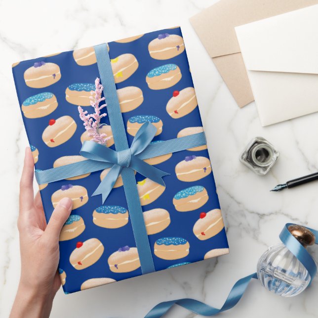 Yummy Sufganiyot Jelly Doughnuts Hanukkah Pattern Wrapping Paper (Gifting)