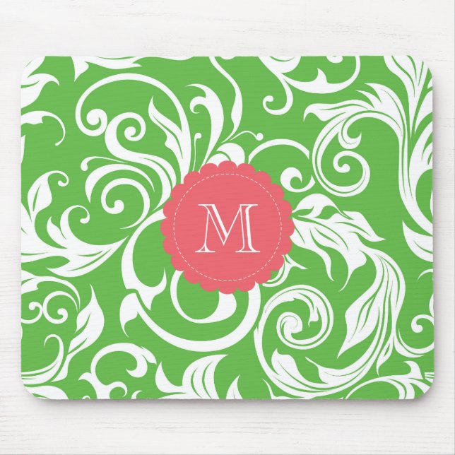 Yummy Watermelon Green Monogram Floral Wallpaper Mouse Mat (Front)