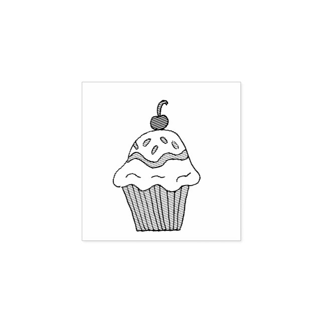 Yummy Whimsical Cupcake with Cherry on Top Rubber Stamp (Imprint)