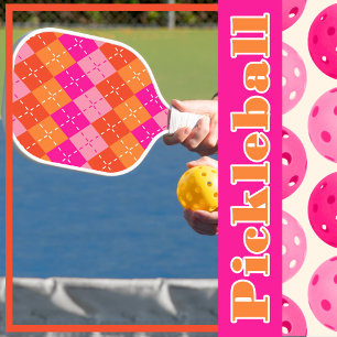 Yuppie Preppy Sporty Pink and Orange Argyle Pickleball Paddle