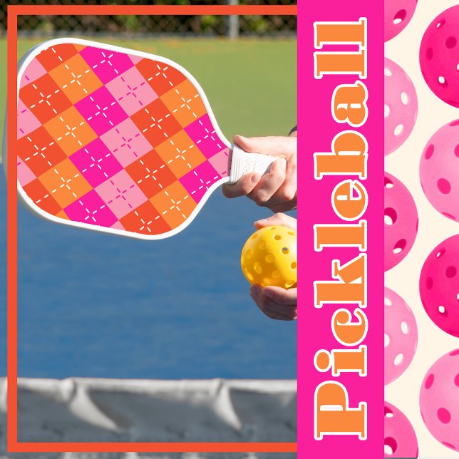 Yuppie Preppy Sporty Pink and Orange Argyle Pickleball Paddle (Creator Uploaded)