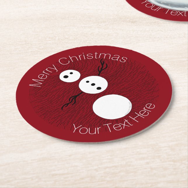 Z Black And White Snowman On Red Christmas Holiday Round Paper Coaster (Angled)