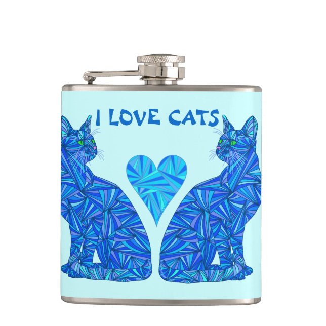 Z Blue Abstract Sitting Cat I Love Cats Cat Lover Hip Flask (Front)