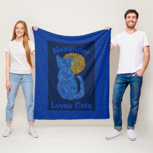 Z Blue Cat And The Moon Cat Lover Personalised Fleece Blanket