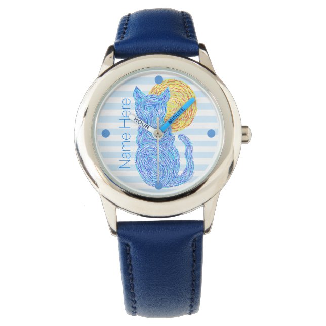 Z Blue Cat And The Moon Cat Lover Personalised Watch (Front)