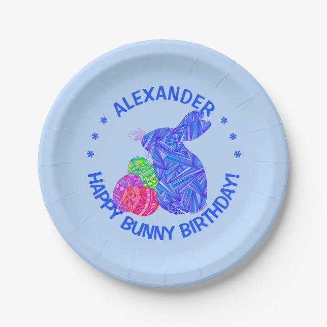 Z Blue Easter Bunny Easter Themed Birthday Party Paper Plate (Front)