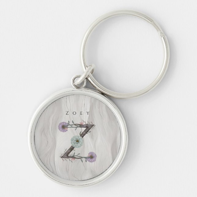 Z Floral Monogram Modern Minimalist Key Ring (Front)