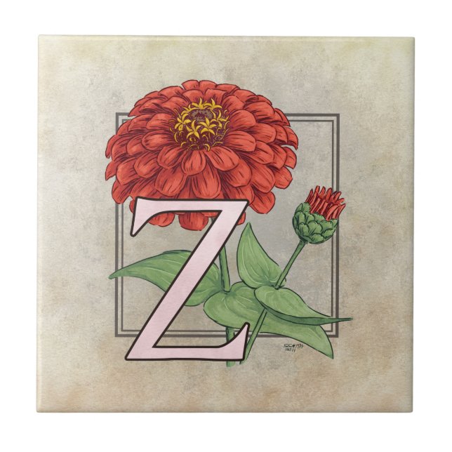 Z for Zinnias Flower Floral Monogram Art Tile (Front)