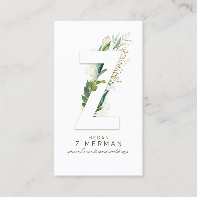 Z Letter Monogram Gold Greenery Leaves Elegant Business Card (Front)