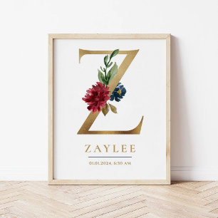 Z Letter Monogram Name Marsala Floral Nursery Poster