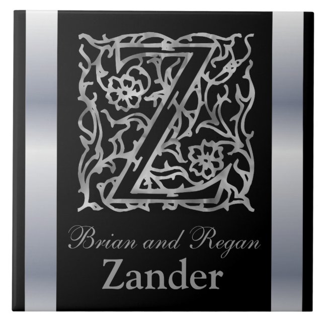 Z Monogram and Name "Besque on Black" Ceramic Tile (Front)