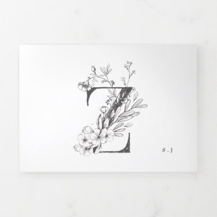'Z' Monogram Beautiful Sketched Floral Wedding Tri-Fold Invitation