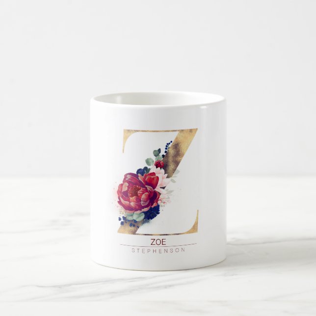 Z Monogram Floral Burgundy Red and Navy Blue Coffee Mug (Center)