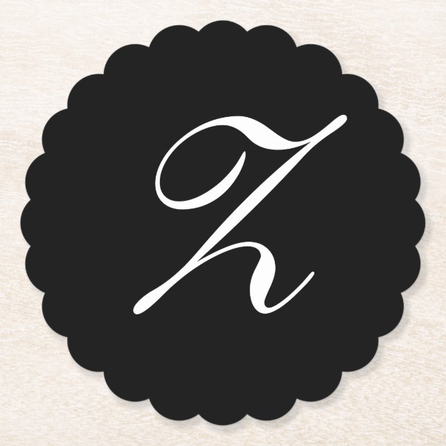 Z Monogram Initial White on Black Paper Coaster (Front)