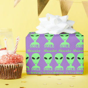 Z Personalised Smile Birthday Happy Alien Wrapping Paper