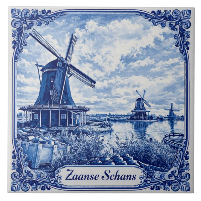 Zaanse Schans Delft Blue style ceramic tile (Front)