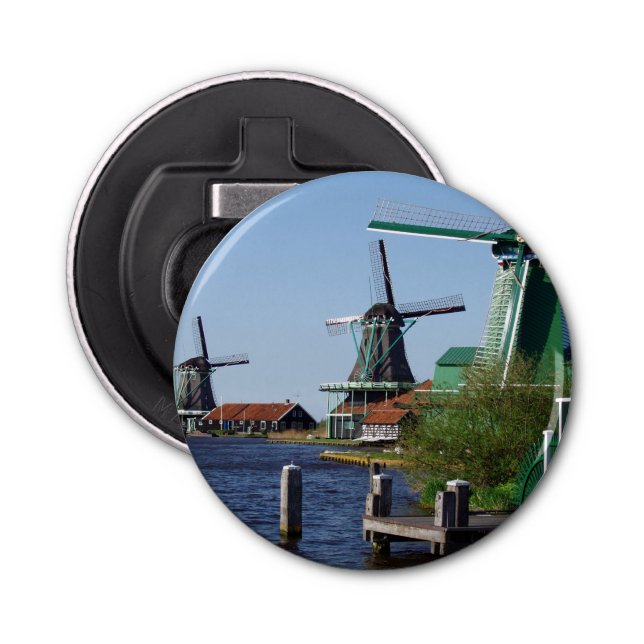 Zaanse Schans Dutch windmills in green and white Bottle Opener (Front)