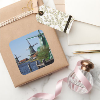 Zaanse Schans Dutch windmills in green and white Square Sticker