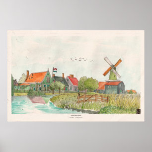 Zaanse Schans Zaandam Netherlands Watercolor Poster
