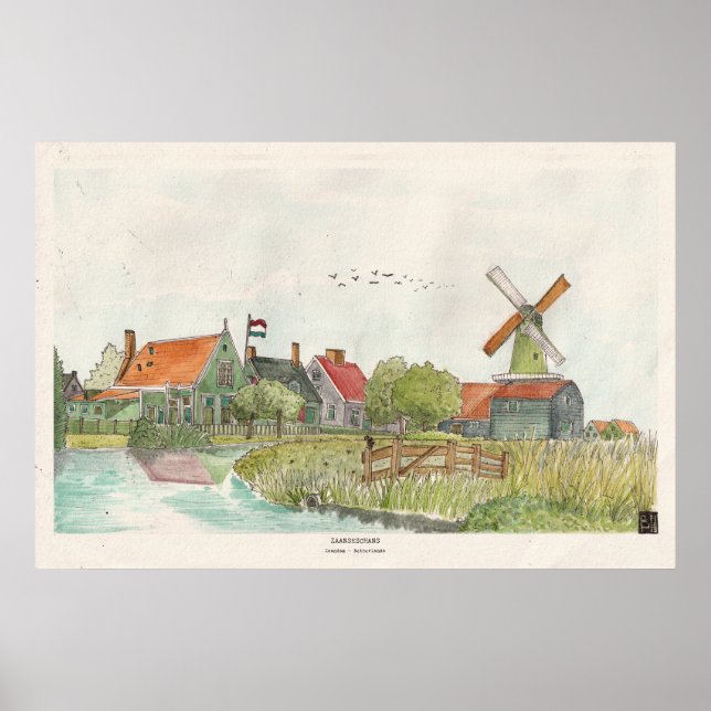 Zaanse Schans Zaandam Netherlands Watercolor Poster (Front)