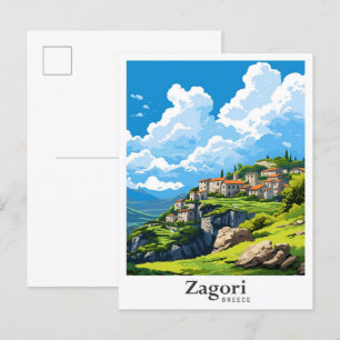 Zagori Greece Art Vintage Travel Illustration Postcard