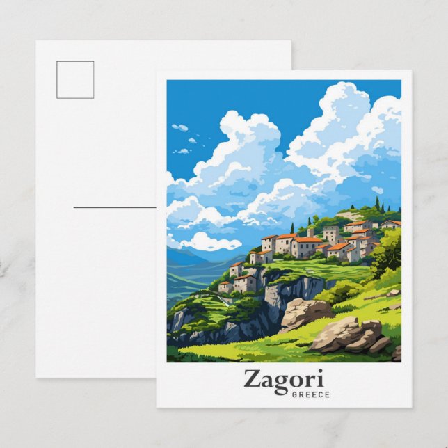 Zagori Greece Art Vintage Travel Illustration Postcard (Front/Back)